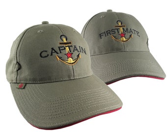 Captain First Mate Couple Star Anchor Embroidery Adjustable Khaki Green Structured Fashion Baseball Caps + Options to Personalize Side Back