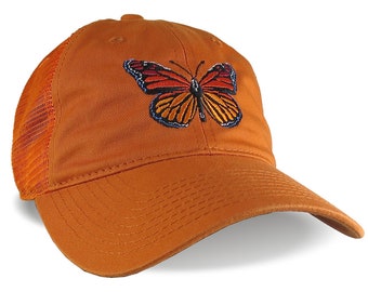 Monarch Butterfly Embroidery on a Burnt Orange Adjustable Unstructured Low Profile Sporty Trucker Mesh Cap