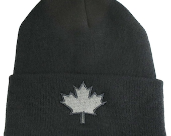 Canadian Maple Leaf Embroidery on 100% Acrylic Beanie Cuff Toque in Black with Options to Personalize.
