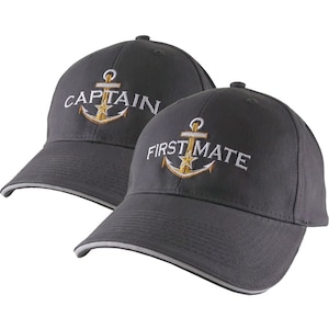 Personalized Captain and First Mate Star Anchor Embroidery Duo Adjustable Charcoal Structured Baseball Caps Options to Personalize Side Back