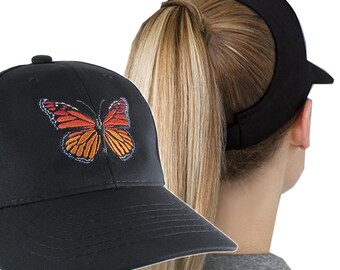 Monarch Butterfly Embroidery Design on an Adjustable Structured Black Ponytail Hairdo Women Open Fashion Baseball Cap