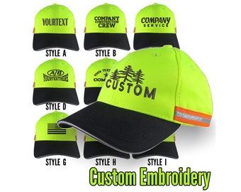Custom Personalized Black Embroidery on an Adjustable Safety Yellow Reflective Full Fit Baseball Cap Choice of 9 Front Construction Decors