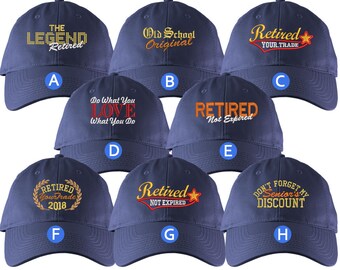 Custom Retirement Embroidery Design Indigo Blue Unstructured Classic Adjustable Baseball Cap Selection 8 Designs Some Personalized + Options