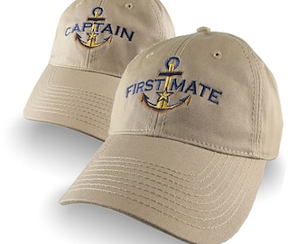 Nautical Star Golden Anchor Captain First Mate Embroidery 2 Adjustable Khaki Beige Unstructured Baseball Caps Options Personalize Both Hats