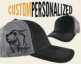 Custom Personalized Black Bear 3D Puff Embroidery on an Adjustable Full Fit Black Trucker Cap with Your Choice of Front Decors Hunting Hat