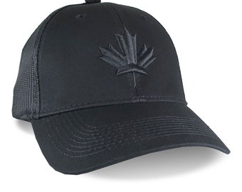 Canada Canadian Black Maple Leaf 3D Puff Raised Embroidery on an Adjustable Black Structured Trucker Mesh Cap