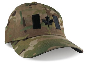 Canada Flag Black Embroidery on Adjustable Unstructured Multicam Camouflage Dad Hat Style Baseball Cap with Personalization Options