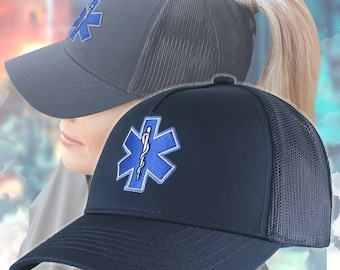 Blue Paramedic Star of Life Embroidery Design on an Adjustable Structured Navy Blue Ponytail Hairdo Women Trucker Style Soft Mesh Cap