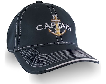 Nautical Star Golden Anchor Boat Captain Embroidery on an Adjustable Navy Blue Structured Baseball Cap with Options to Personalize The Hat