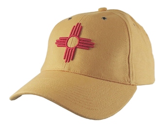 New Mexico State Flag Symbol Red 3D Puff Embroidery Design on Adjustable Mango Yellow Structured Classic Baseball Cap Option to Personalize