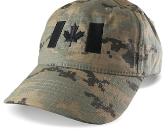 Canada Flag Black Embroidery on an Adjustable Unstructured Classic Tactical Khaki Digital Camo Baseball Cap with Options