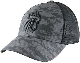 Rooster Head Black 3D Puff Raised Embroidery on an Adjustable Grey Urban Camo and Black Structured Truckers Style Snapback Ball Cap