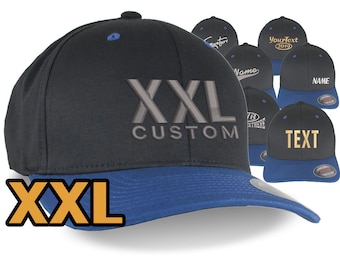 Custom Embroidery on an Oversized Large Head Double XL Fitted Structured XXL Yupoong Black Royal Blue Baseball Cap Personalization Options