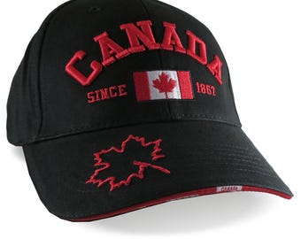 Canada Multiple Locations Embroidery on Adjustable Black Structured Classic Fit Baseball Cap Options to Personalize with Name and Text