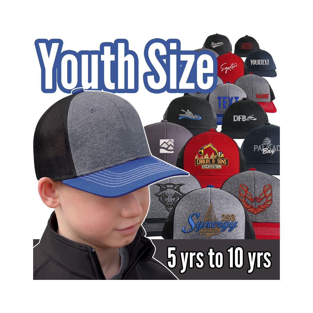 Youth Size Hats 5 to 10 Yrs Custom Text or Logo Embroidery Youth Size Hats 5 to 10 Yrs Custom Text or Logo Embroidery