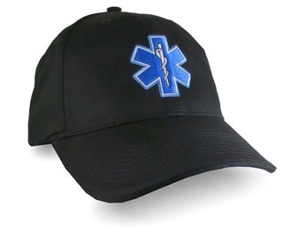 Paramedic EMT EMS Star of Life Embroidery on Adjustable Black Structured Premium Baseball Cap with Options to Personalize Two Locations