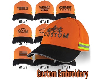 Custom Personalized Black Embroidery on an Adjustable Safety Orange Reflective Full Fit Baseball Cap Choice of 9 Front Construction Decors