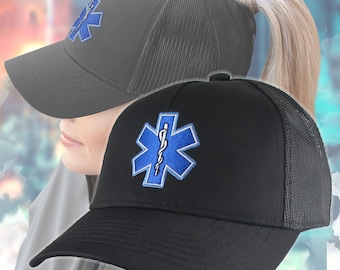 Blue Paramedic Star of Life Embroidery Design on an Adjustable Structured Black Ponytail Hairdo Women Trucker Style Soft Mesh Cap