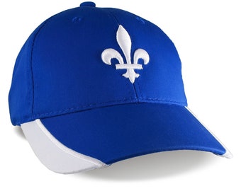 Quebec Style Fleur de Lis 3D Puff White Raised Embroidery on an Adjustable Royal Blue Structured Sporty Style Baseball Cap with Options