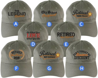 Custom Retirement Embroidery Design Khaki Green Unstructured Classic Adjustable Baseball Cap Selection 8 Designs Some Personalized + Options