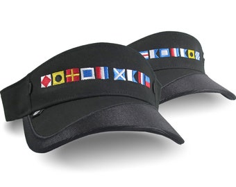 Captain and First Mate Nautical Signal Flags Embroidery Couple Black Visor Caps Duo Set of 2 Adjustable Elegant Fashion Sun Hats