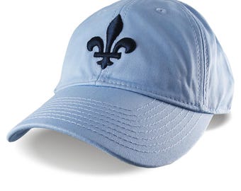 Quebec Fleur de Lys 3D Puff Raised Embroidery on an Adjustable Baby Blue Baseball Cap with Options to Personalize