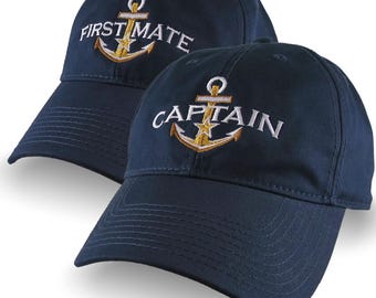 2 hats Nautical Star Anchor Captain and First Mate Embroidery Adjustable Navy Blue Unstructured Baseball Caps Options Personalize Both Hats