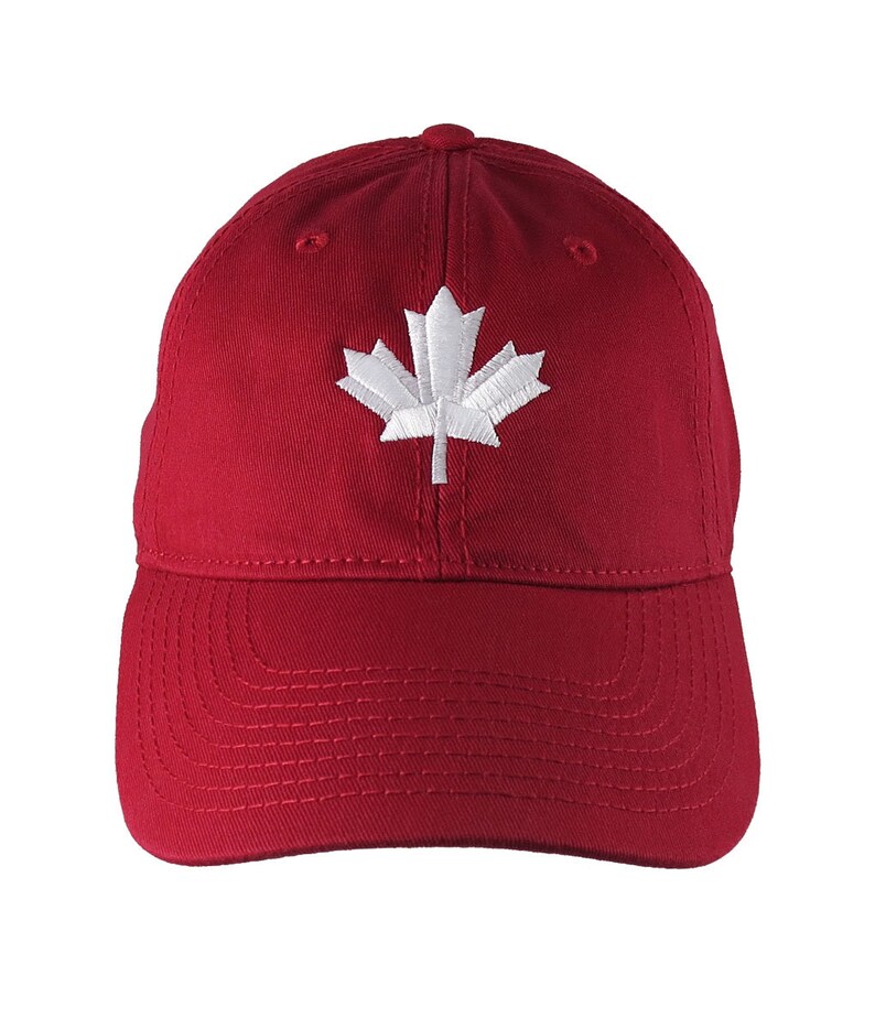 Canadian Maple Leaf Baseball Cap - Cranberry Red Adjustable Cotton Hat With White Embroidery (Option To Personalize Back) - View #3