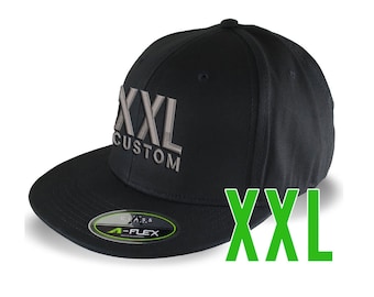 Blank or Custom Embroidery on an Oversized Double XL Fitted Structured XXL Flat Peak Black Baseball Cap with Options