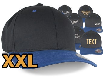 Custom Embroidery on an Oversized Large Head Double XL Fitted Structured XXL Yupoong Black Royal Blue Baseball Cap Personalization Options