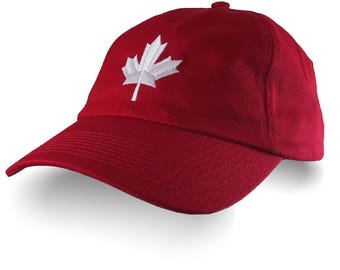 Canadian Maple Leaf Canada Embroidery on a Red Adjustable Unstructured Baseball Cap Dad Hat Style with Options to Personalize