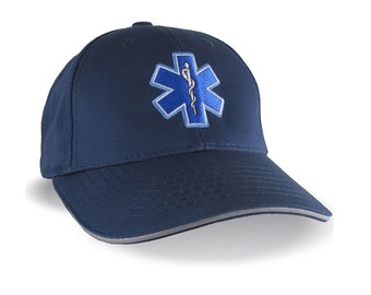 Paramedic EMT EMS Star of Life Embroidery Reflective Trim Navy Blue Structured Adjustable Baseball Cap with Personalization Options