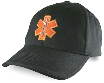 Paramedic Search And Rescue Star of Life Embroidery on Adjustable Black Structured Premium Baseball Cap Options to Personalize Two Locations