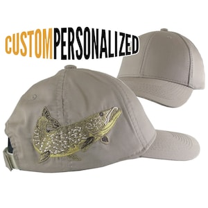 Custom Personalized Large Pike Fishing Embroidery on Adjustable Full Fit Taupe Baseball Cap Front Decor Selection Options for Side and Back