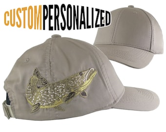 Custom Personalized Large Pike Fishing Embroidery on Adjustable Full Fit Taupe Baseball Cap Front Decor Selection Options for Side and Back