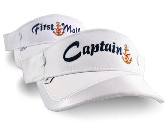 Captain and First Mate Nautical Star Anchor Embroidery Couple White Visors Duo Adjustable Elegant Fashion Sun Hats