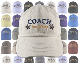 Custom Personalized Coach Name Stars Embroidery on Your Selection of Adjustable Unstructured Baseball Cap Dad Hat + Option Text Embroidery