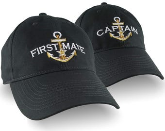 2 hats Nautical Star Anchor Captain and First Mate Embroidery Adjustable Black Unstructured Baseball Caps Options Personalize Both Hats