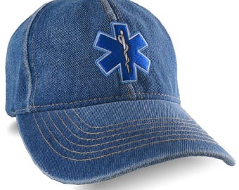 Paramedic Star of Life EMS EMT Embroidery on an Adjustable Blue Denim Unstructured Dad Hat Style Baseball Cap with Options