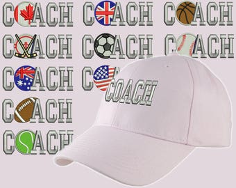 Custom Personalized Coach Embroidery on an Adjustable Structured Pink Baseball Cap Front Decor Selection with Options for Side and Back