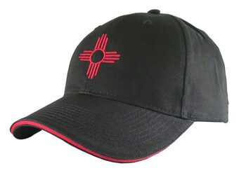 New Mexico Zia Symbol Embroidery on an Adjustable Black Soft Structured Classic Baseball Cap with Personalization Options