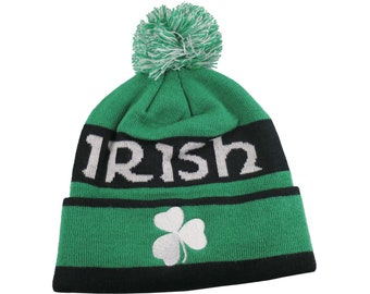 St-Patrick's Irish Shamrock White Embroidery on an Green and Black Pom Pom Beanie