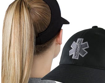 Paramedic Star of Life Baseball Cap: Black Ponytail Hat