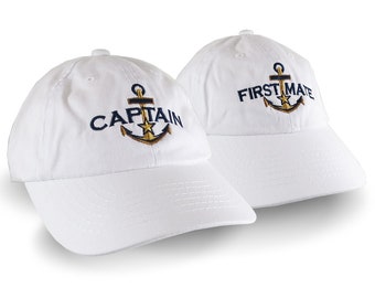 2 Hats Nautical Captain First Mate Embroidery Adjustable White Unstructured Casual Dad Hats Option to Personalize Back