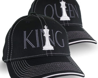 3D Puff Embroidery White Chess King and Queen on 2 Black and White Structured Adjustable Classic Style Caps