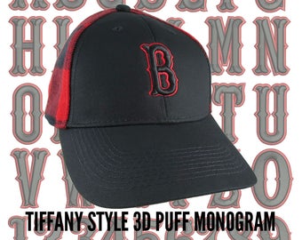 Your Custom Personalized Black and Red 3D Puff Monogram Embroidery on an Adjustable Stylish Baseball Cap in Black and Buffalo Check Plaid