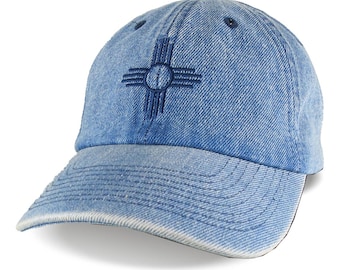 New Mexico Zia Symbol Embroidery on an Adjustable Blue Denim Unstructured Classic Dad Hat Cap with Personalization Options