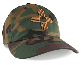 3D Puff Zia New Mexico Raised Embroidery on Adjustable Unstructured Green Camouflage Dad Hat Style Baseball Cap with Personalization Options