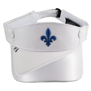 May include: White visor with a blue fleur-de-lis emblem. The visor has a curved brim and an adjustable strap. The design includes a diagonal textured panel on the front. The visor is made of a lightweight material.
