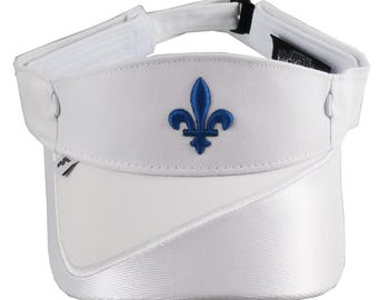 Quebec Style Fleur de Lis 3D Puff White Embroidery on an Adjustable Elegant Stylish Modern White Visor Summer Hat